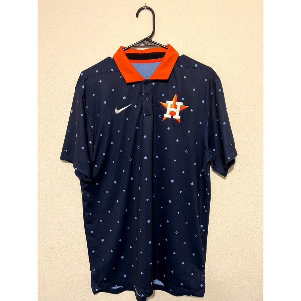 Nike Houston Astros MLB Dri-FIT Polo Shirt Mens Small Navy Blue Orange Geometric